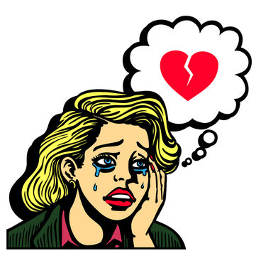 Pop art girl crying, retro comic book style vector illustration of sad broken hearted woman sobbing