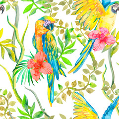 Macaw seamless pattern. Topical flower and leaves, hibiscus. Tropical parrot. Exotic. for your design.