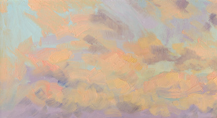 background is pink, purple, blue. Reminiscent of the sky. Oil painting