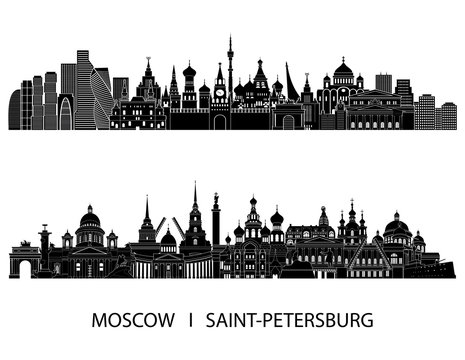 Moscow Saint Petersburgh detailed skylines. vector illustration