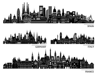 Spain Germany Italy France detailed skylines. vector illustration