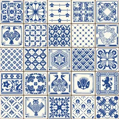 Tapeten Portugal Keramikfliesen Indigo Blue Tiles Floor Ornament Collection. Wunderschöne nahtlose Patchwork-Muster aus bunten traditionellen bemalten Zinn glasierte Keramik Tilework Vintage Illustration. Vektorschablonenhintergrund Azulejos