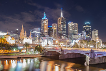 Melbourne cityscape in the night time, Victoria state of Australia.