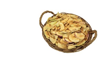 Dried Apples Slice In Wicker Basket Isolated On White Background