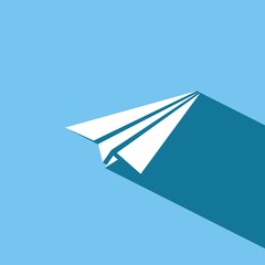 Paper airplane icon with shadow on blue background