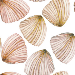 A seamless pattern with the isolated shells, painted in a watercolor on a white background