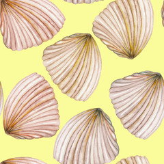 A seamless pattern with the isolated shells, painted in a watercolor on a yellow background