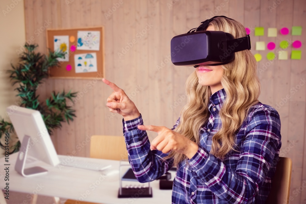 Poster composite image of pretty casual worker using oculus rift
