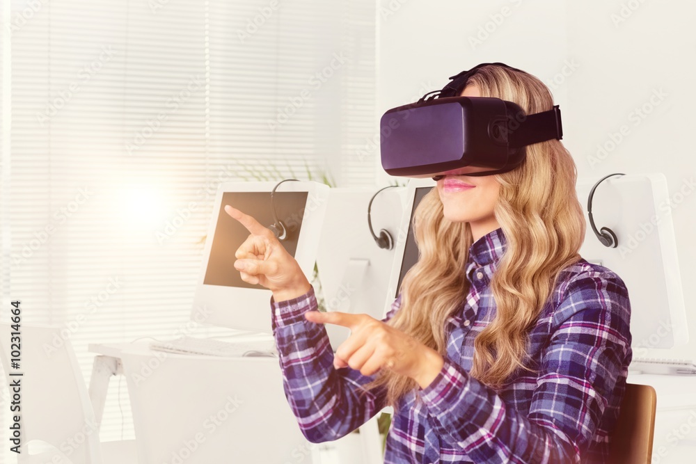 Poster composite image of pretty casual worker using oculus rift