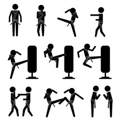 Men doing martial arts spar and practice with dummy and people icon vector sign symbol info graphic pictogram