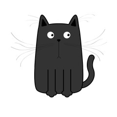Cute black cartoon cat. Big mustache whisker. Funny character. Flat design. White background. Isolated