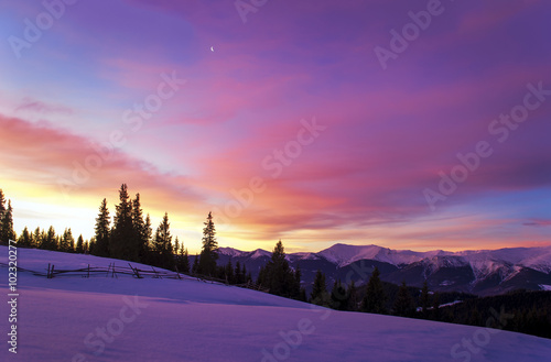 Winter Morning Landscape The Sun Rises Behind Trees And
