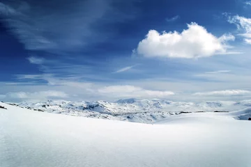 Rolgordijnen Winter view on mountain range. Pure white snow field. Blue sky, white cloud. Norway. © oleksandrmazur