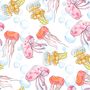 Colorful jellyfish. Sea pattern. Seamless pattern watercolor.