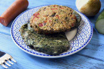veggie burgers on a rustic blue table