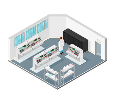 A vector illustration of an isometric control room.
Control Room - Interior of industrial factory or power station.