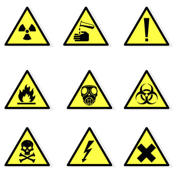 Vector illustration of various hazard icon signs.
Universal symbols warning  for hazards and danger in the industria workplace.