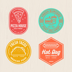 fast food badges emblem logo banner with modern flat thin line design for pizza, hamburger, tacos and hot dog restaurant.