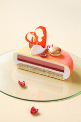 Melba - Contemporary  Layered Vanilla, Raspberry, Peach Mousse Cake, covered with colored velvet...