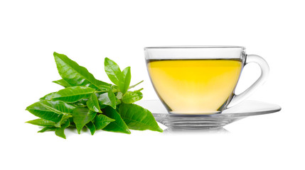 Glass cup of green tea isolated on white background
