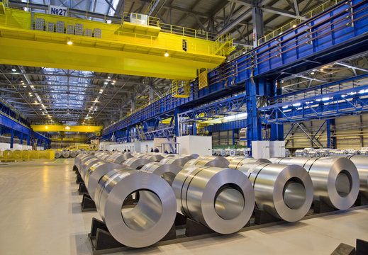 Packed rolls of zinced steel in stock waiting for shipment