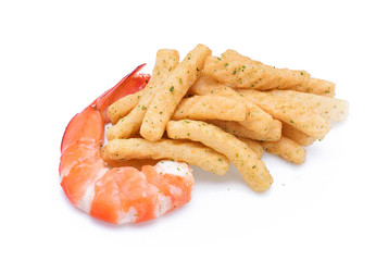 crunchy prawn crackers on white background