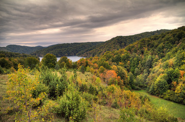 Cloudy autumn day in Plitvice national park, an UNESCO world heritage site, in Croatia. HDR