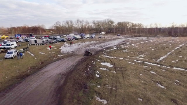 Aerial view of utv race. Mud track.