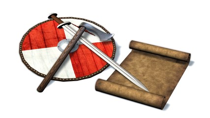 viking shield with sword, axe and parchment scroll on white