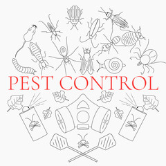 Pest control line icon set with insects and rodents and pest control equipment. Linear design elements can be used by exterminator service and pest control companies. Isolated vector illustration.
