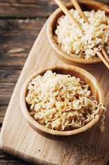 Asian fast food noodle on the wooden table