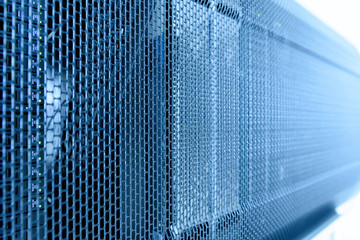 Computer Server in rack server close-up with blue light