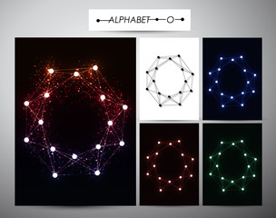 Molecule letter "O" Trendy alphabet fonts of sparkling brilliants, vector illustration.