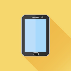 Black tablet pc flat icon with long shadow on yellow background. Vector illustration.