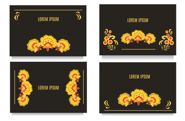 Decorative templates for invitations, greeting, visit cards and vouchers at khokhloma floral  style with black background