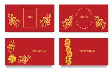 Decorative templates for invitations, greeting, visit cards and vouchers at khokhloma floral  style with red background