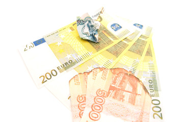 burnt russian notes and euros