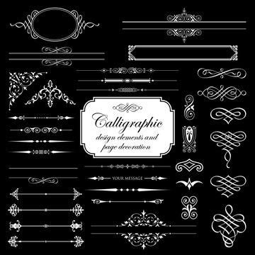 Calligraphic design elements and page decoration isolated on black background - vector set