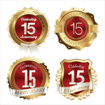 Gold and Red Anniversary Badges 15th Years Celebration