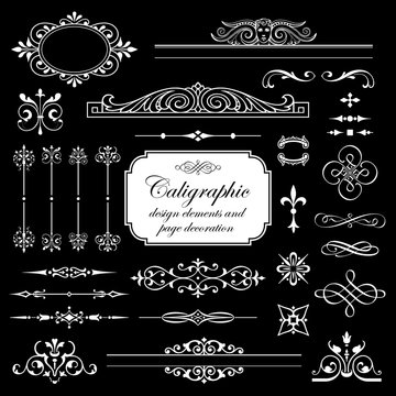 Calligraphic elements and page decoration isolated on black background - vector set for design