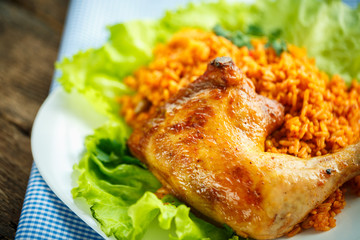 Tasty dish of chicken thigh with rice