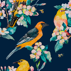 Obraz na płótnie Canvas Spring pattern. Flowering branch. Oriole and White-eye bird watercolor pattern. Bees,wasp. Watercolor. Vector.