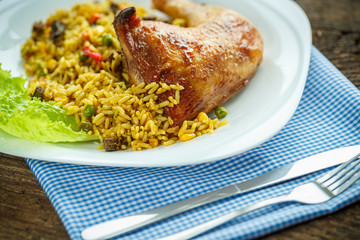 Tasty dish of chicken thigh with rice