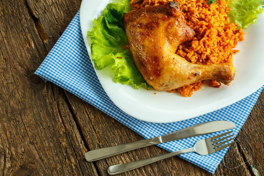 Tasty dish of chicken thigh with rice