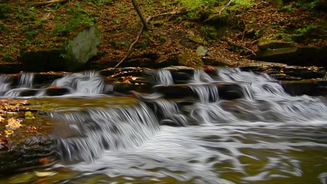 A small waterfall on Brandywine Creek in Cuyahoga Valley National Park Ohio.  Seen here in autumn with colorful fallen leaves.
