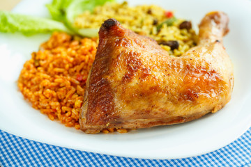 Tasty dish of chicken thigh with rice