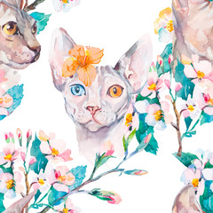 Hand drawn pattern Elegant Sphynx cat and tropical flower. Fashion portrait of cat.Sphinx. Spring pattern.Flowering branches. Watercolor. Vector.