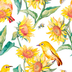 Watercolor pattern.White-eye bird and sunflower.