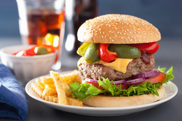 homedade cheese burger with peppers tomato onion