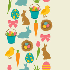 Happy Easter seamless pattern with decorative objects. Background can be used for holiday prints, textiles and greeting cards